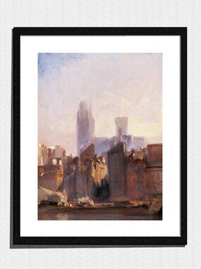 Art Print, Neutral Tone Harbor Cityscape Painting